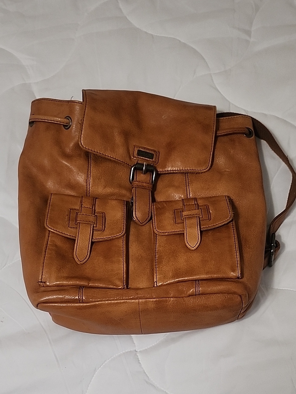 Classic Tan Leather Backpack with Front Pockets